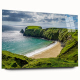 Large abstract wall art of a European scenery in muted green and blue shades on acrylic glass.