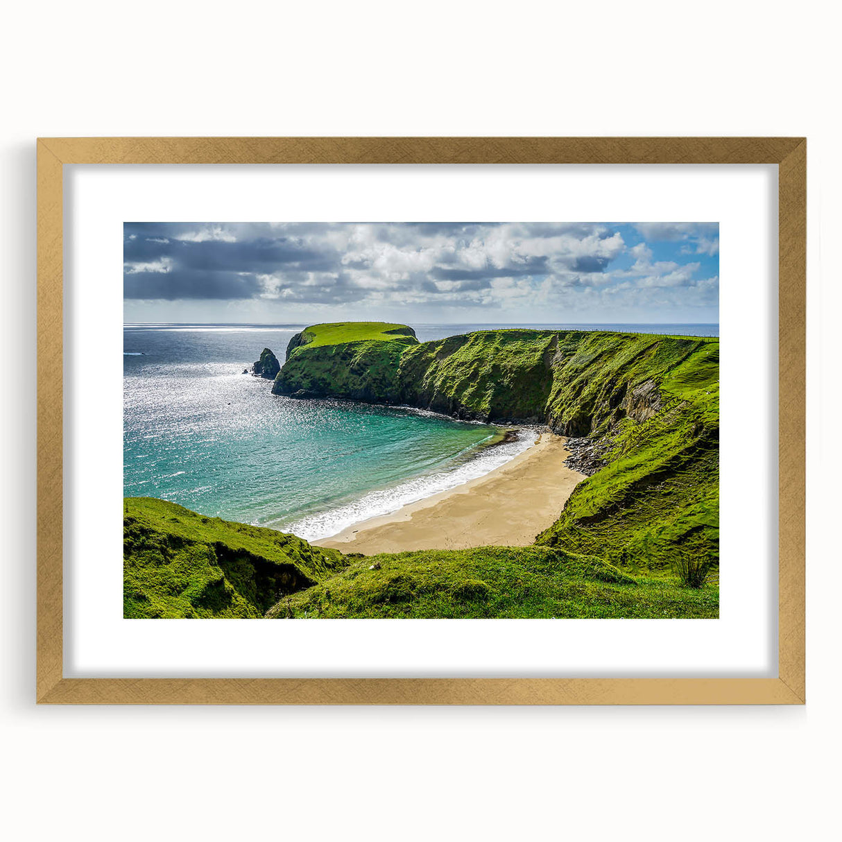 Abstract art print of an Irish landscape in muted greens and blues on a gold-framed canvas, suitable for dining room decor.