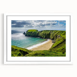 Textured art print of abstract Irish landscape in muted green and brown tones, framed with a white mat.