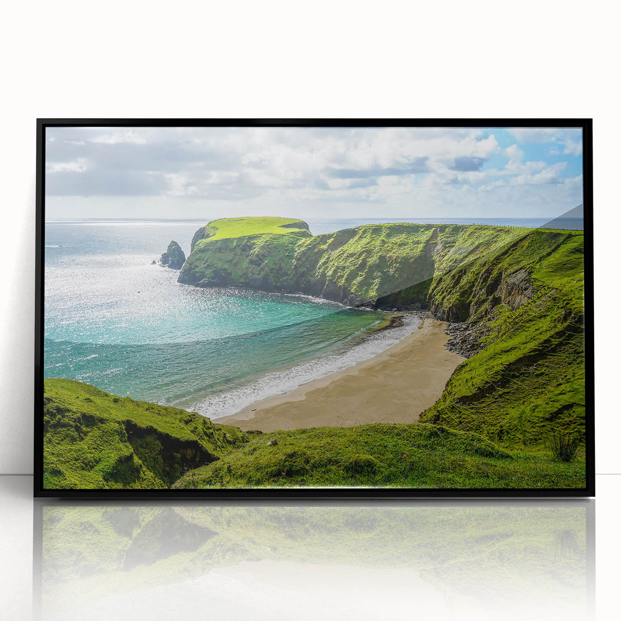 Large abstract wall art depicting a serene Irish landscape in muted green and blue tones, framed in black acrylic.