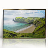 Art deco poster of a European Irish landscape in muted green and gold tones, acrylic framed, suitable for nursery wall art.