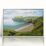 Mid-century modernist art depicting a serene Irish landscape in muted green and blue tones, framed acrylic.