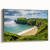 Framed canvas featuring a vintage-style Irish landscape with lush green fields and a cloudy sky, ideal for bedroom wall art.