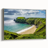Framed canvas landscape art painting featuring a vintage-style Irish scenery in muted green and blue tones.