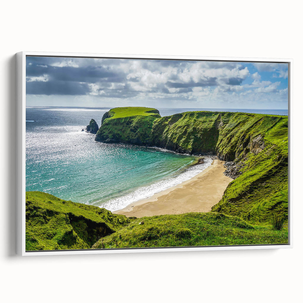 Vintage poster art of an Irish landscape in colorful hues on a large framed canvas, ideal for living room decor.