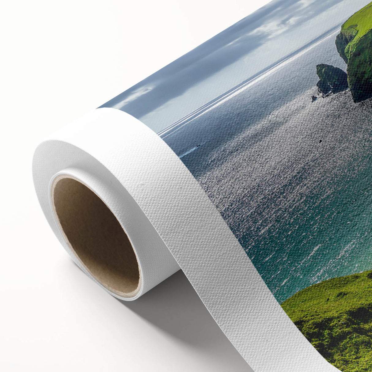 Art deco poster of a scenic Irish landscape in green and blue tones on rolled canvas, ideal for nursery wall art.