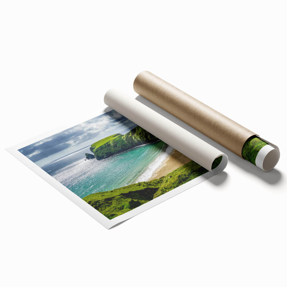 Rolled print of a serene Irish landscape featuring lush greenery and floral elements, ideal for large living room wall art.