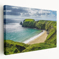 Side view of a stretched canvas featuring a scenic Irish landscape in green and blue tones, ideal for kitchen wall art.