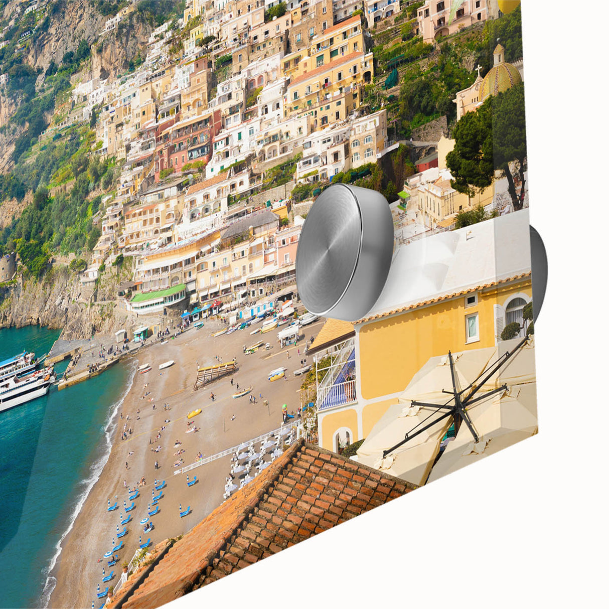 Acrylic glass print of Amalfi Coast with vibrant blue ocean and cliffside houses, ideal for bedroom or dining room art.