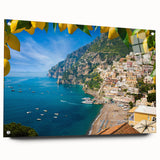 Acrylic print of Amalfi Coast with vibrant blue and terracotta tones, ideal for dining room art.