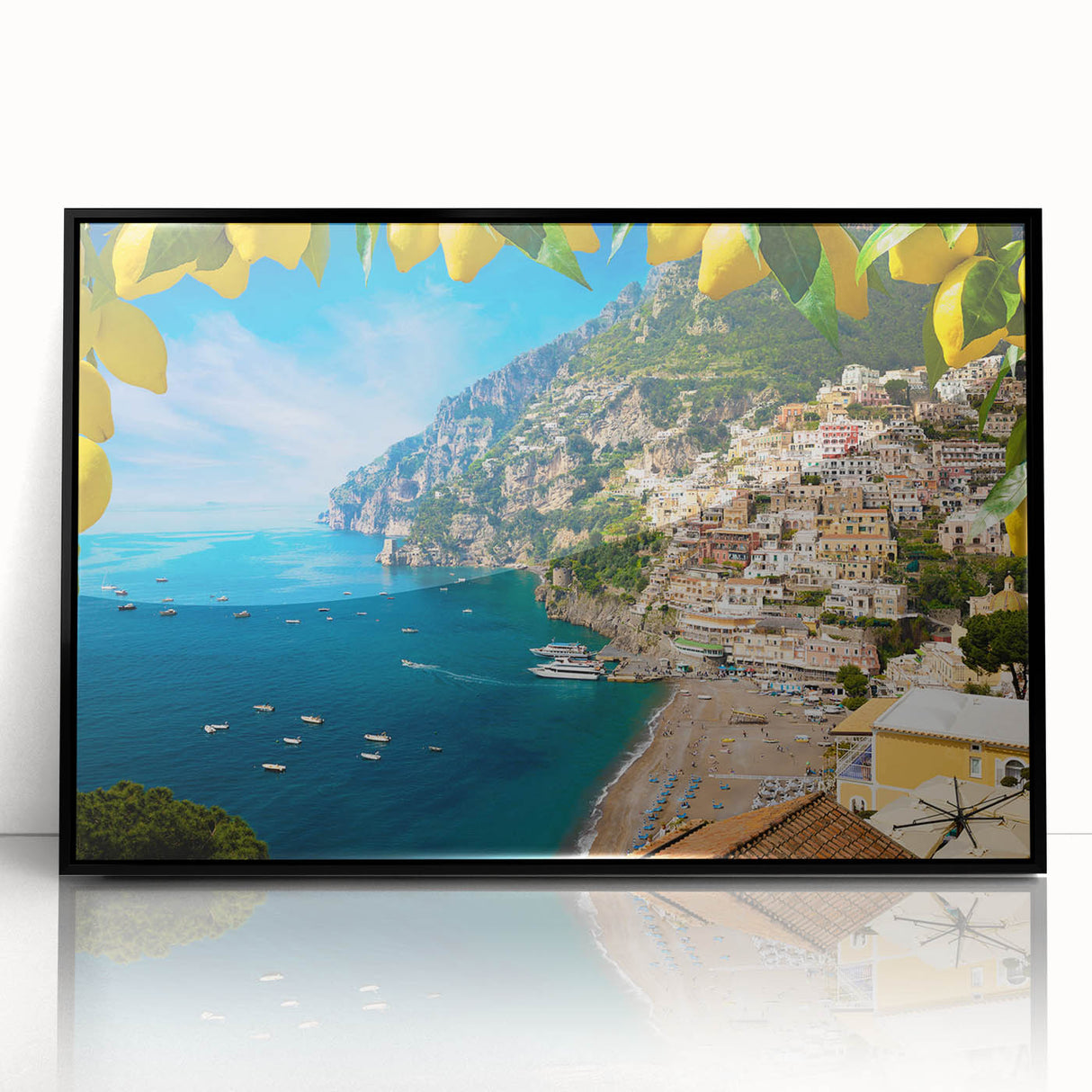Large abstract wall art of the Amalfi Coast in muted blue and green tones, framed in black acrylic.