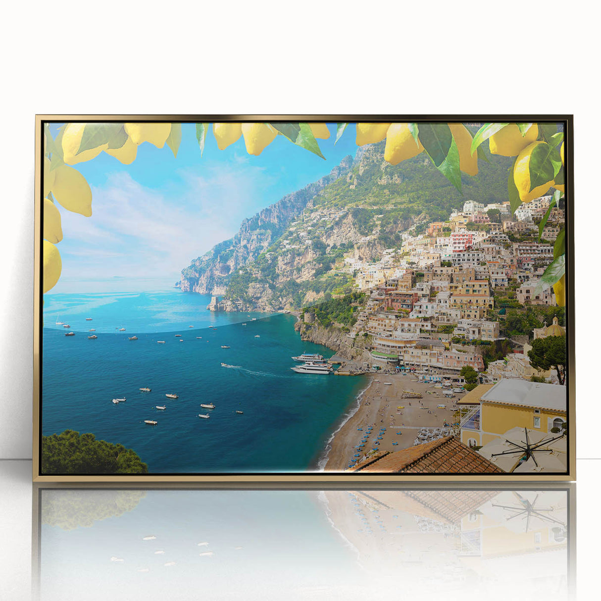 Art deco poster of the Amalfi Coast in vibrant colors on a framed acrylic, ideal for modern art wall decor.