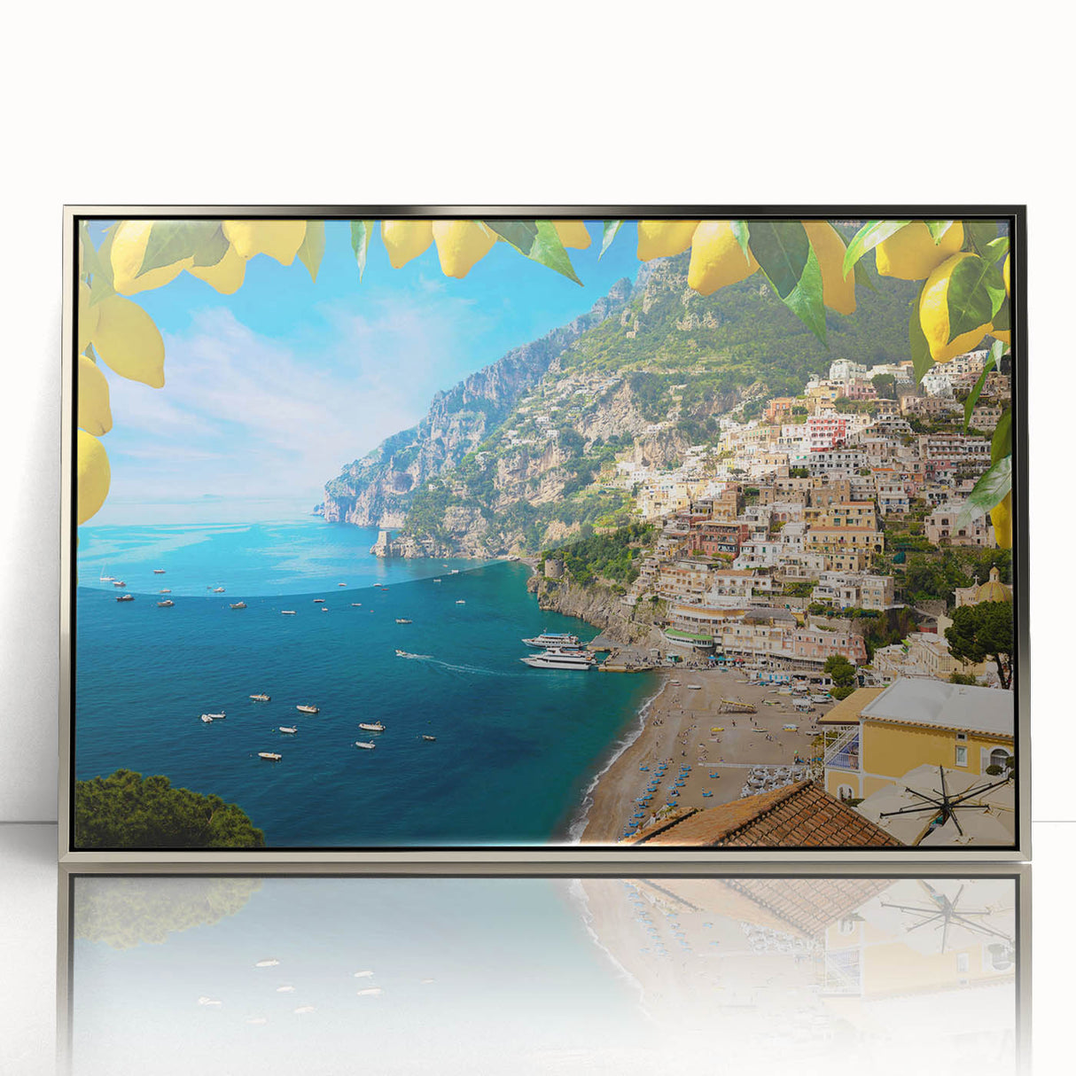 Framed acrylic print of Amalfi Coast with vibrant blue and terracotta hues, ideal for modern art wall decor.