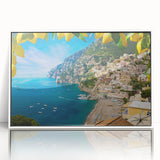 Mid-century modernist art of the Amalfi Coast in muted pastel tones on a framed acrylic, ideal for nursery wall art.