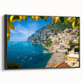 Black and white framed canvas of the Amalfi Coast landscape, ideal for bedroom wall decor.