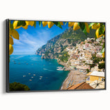 Black and white framed canvas of the Amalfi Coast landscape, ideal for bedroom wall decor.