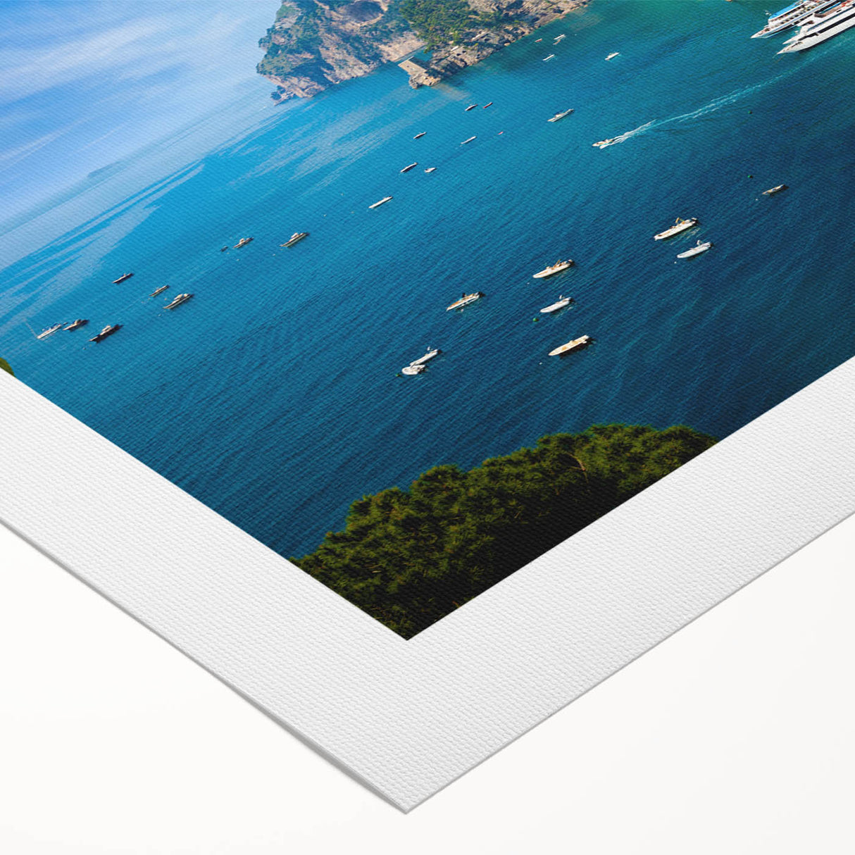 Art deco poster of Amalfi Coast with vibrant blue and pastel yellow tones on rolled canvas, suitable for dining room decor.