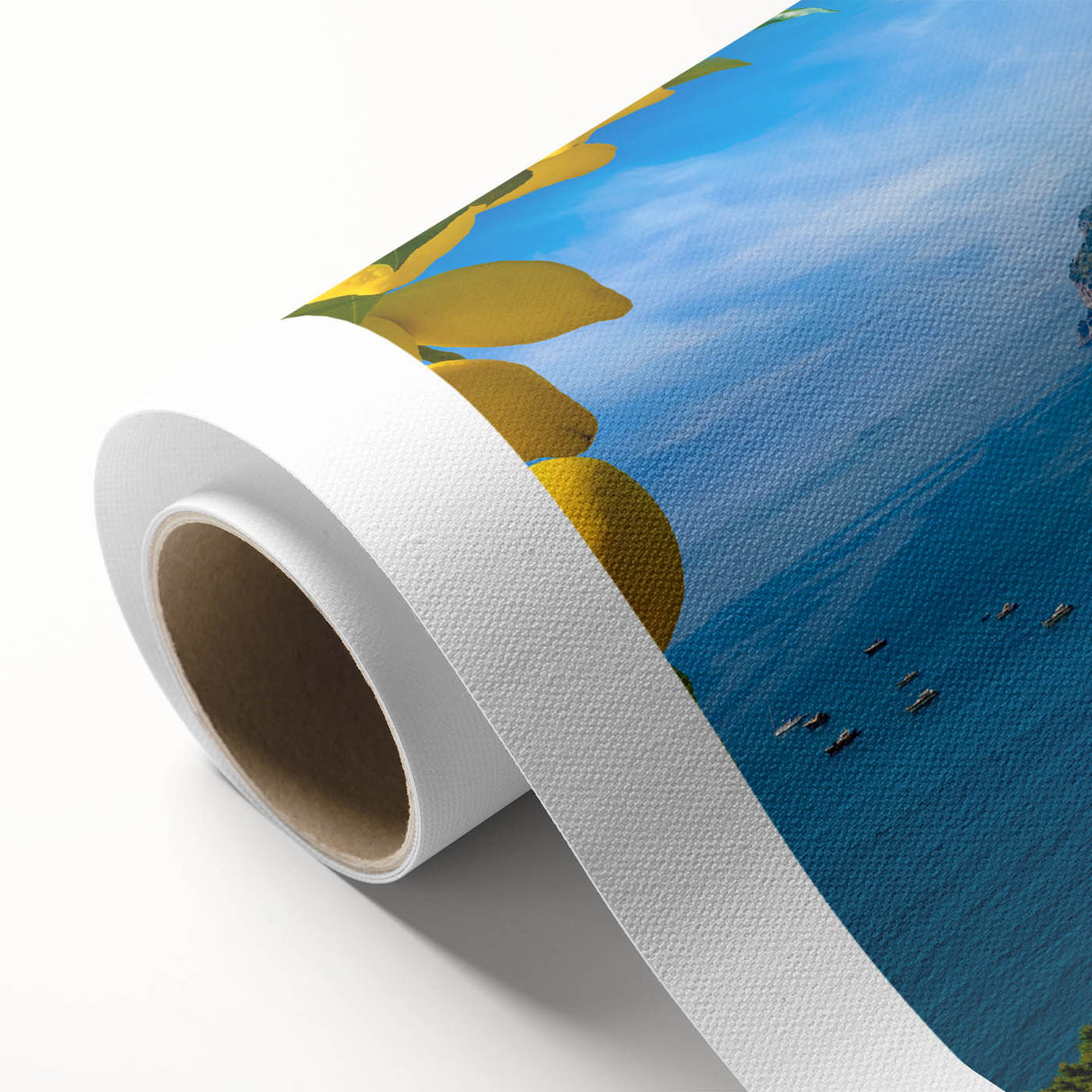 Art deco poster of Amalfi Coast with pastel shades on rolled canvas, suitable for nursery wall art or dining room decor.