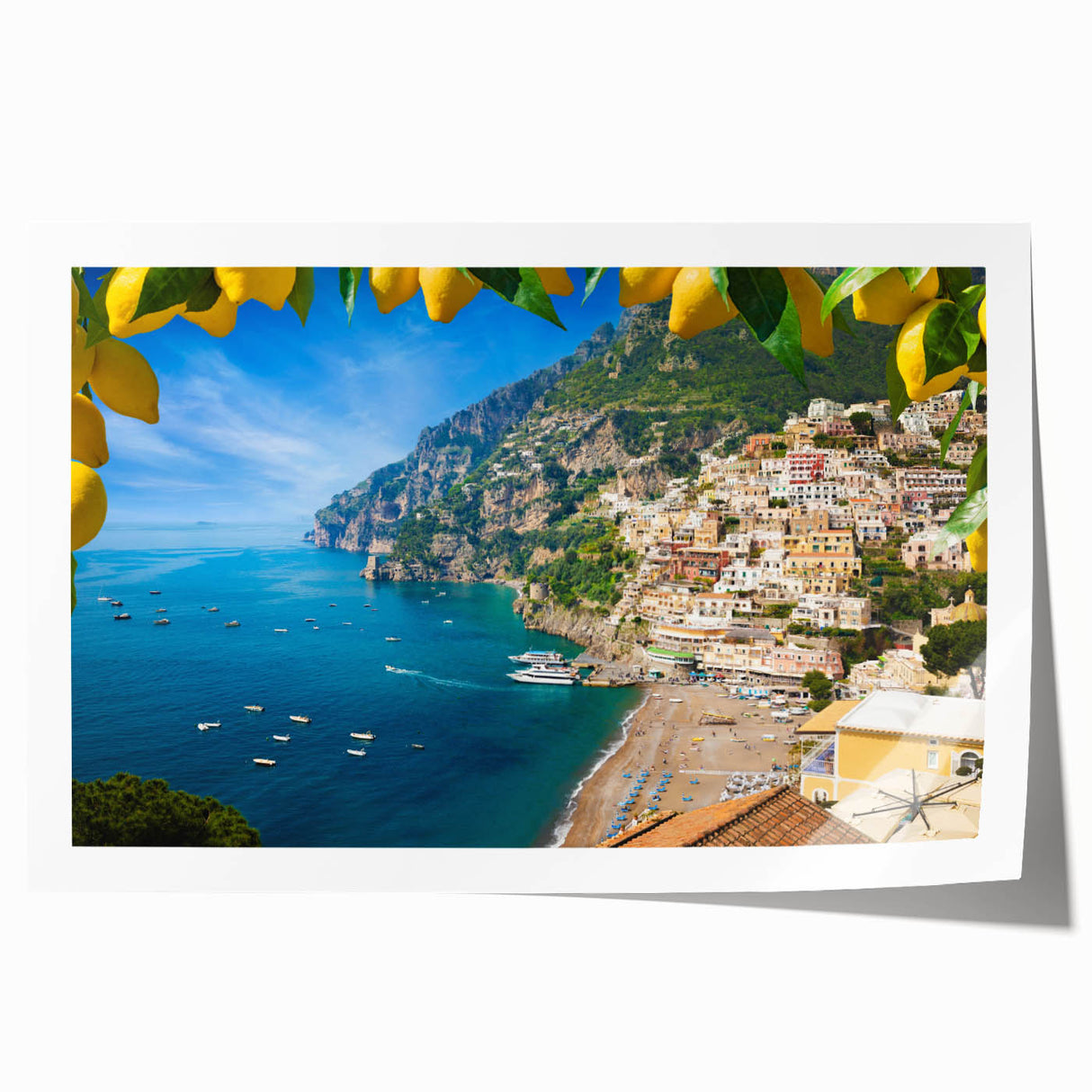 Rolled print of Amalfi Coast with vibrant blue and white tones, ideal for art wall dining room placement.