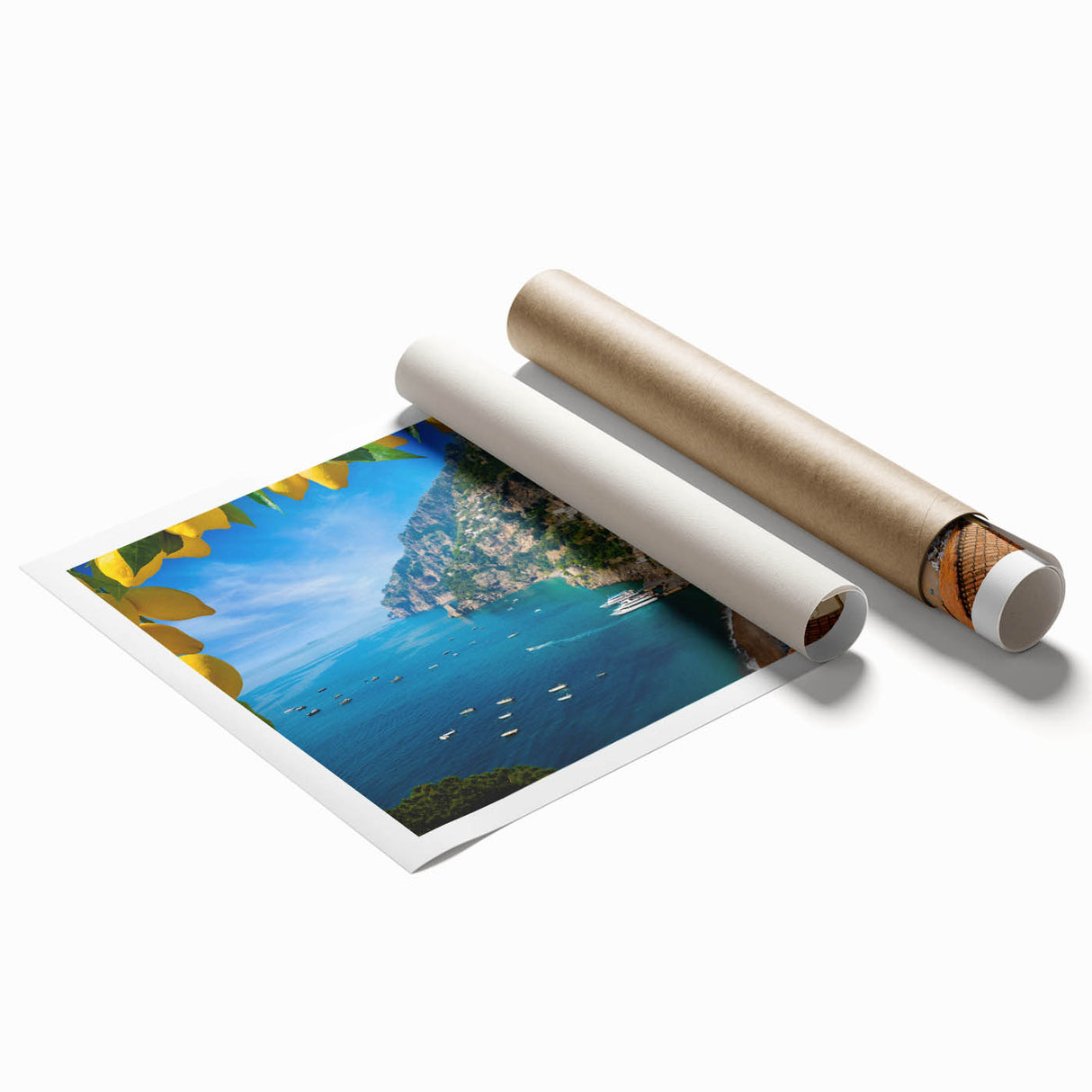 Extra large wall art of Amalfi Coast with vibrant blue and terracotta hues, on a rolled print.
