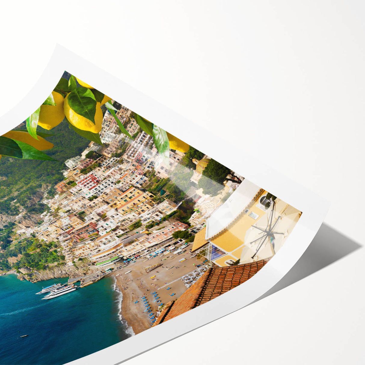 Extra large wall art of Amalfi Coast with line art flowers in muted earth tones on rolled print.