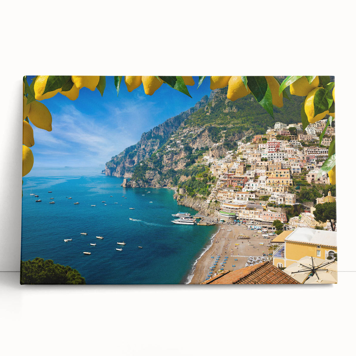 Black and white stretched canvas of the Amalfi Coast, ideal for kitchen wall art.