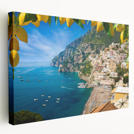 Amalfi Coast scene on large stretched canvas with vivid blue and white tones, suitable for kitchen wall art.