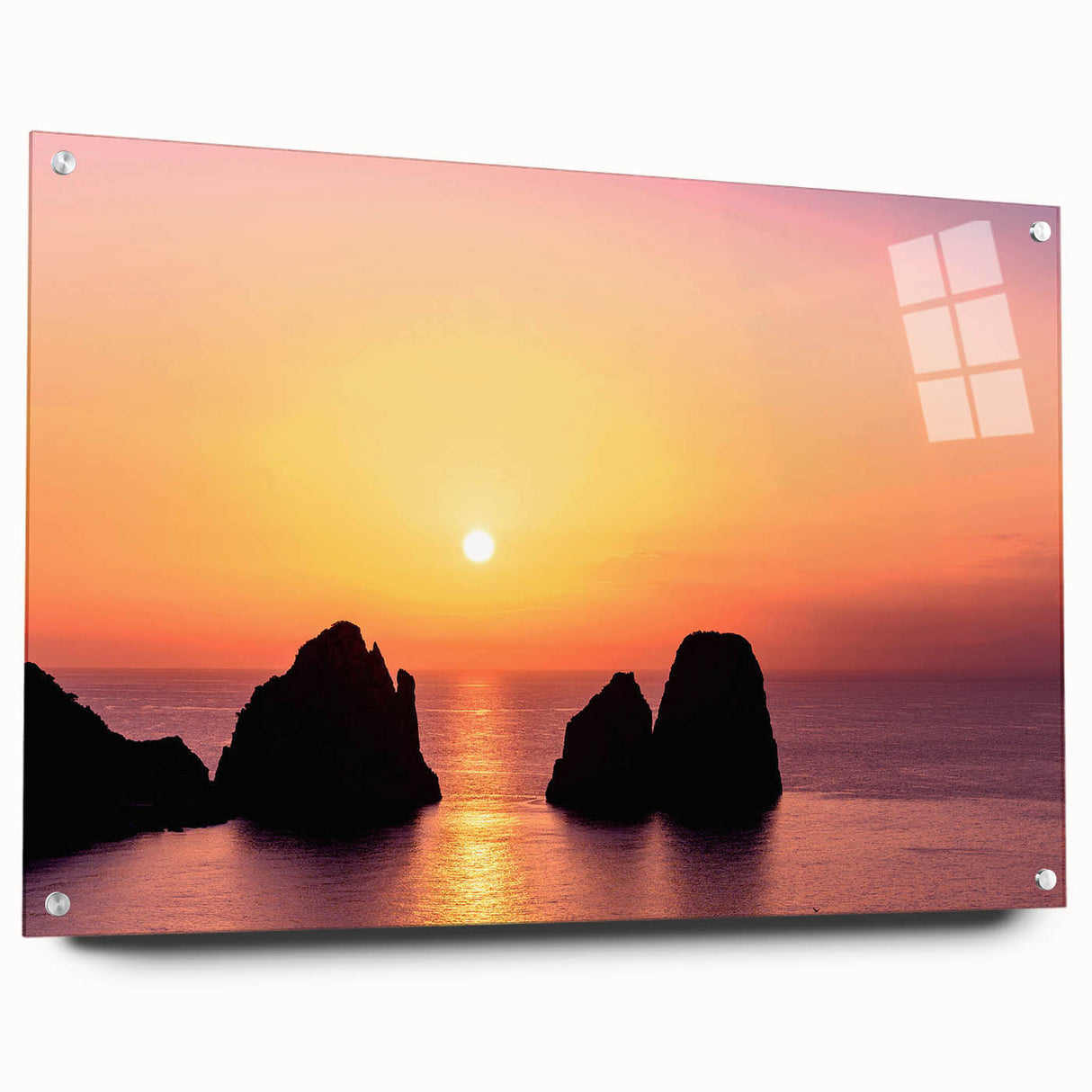 Acrylic glass print of Capri, Italy scenery in vibrant blue and green shades, ideal for dining room decor.