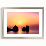 Extra large abstract art print of Capri, Italy, in silver frame with textured details, ideal for living room decor.