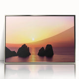 Large art print of Capri scenery in muted blue and green tones on a silver-framed acrylic, ideal for modern art wall decor.