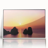 Mid-century modernist art depicting the Capri scenery in Italy, with vibrant blue and white tones, framed in acrylic.