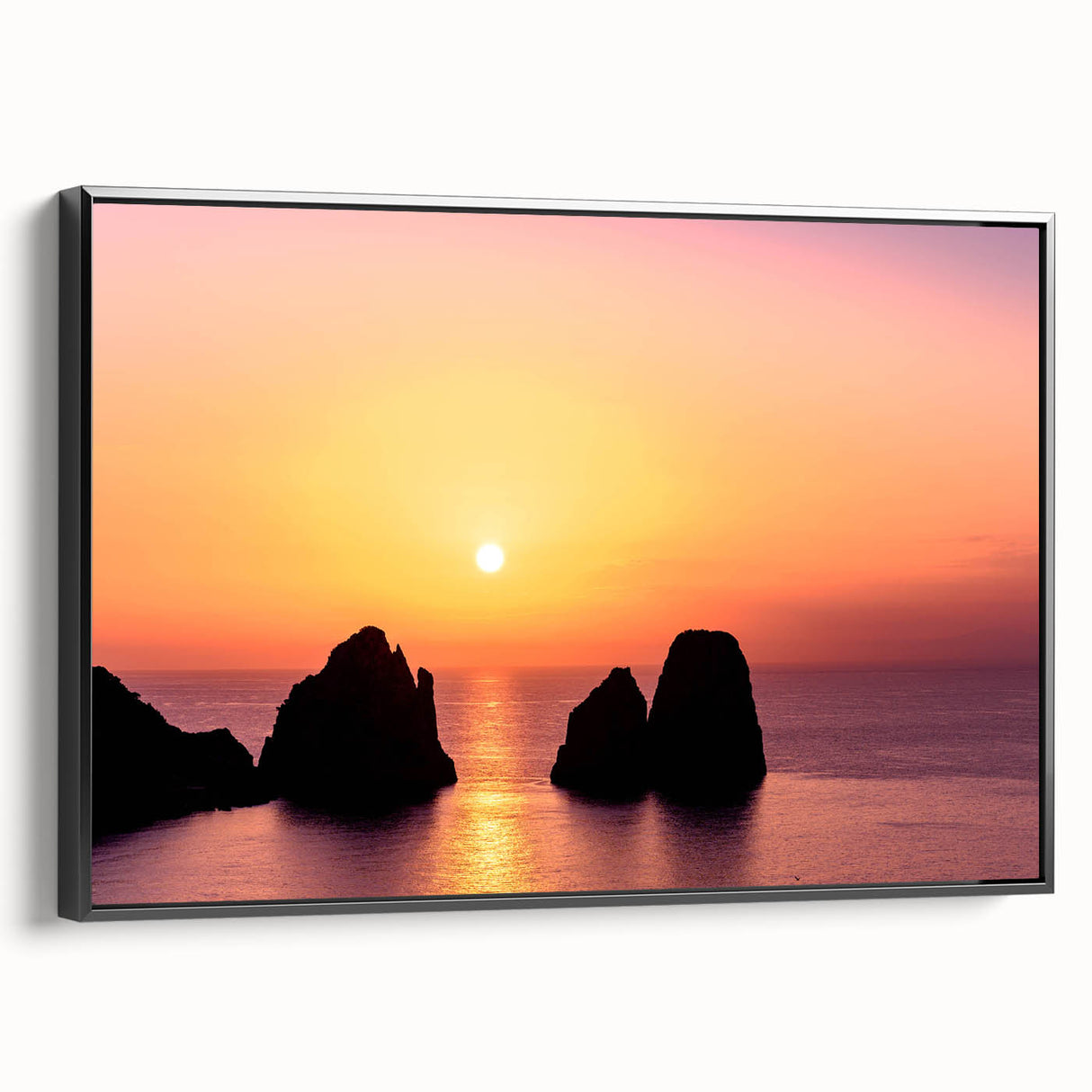 Black and white vintage poster art of the Capri landscape on framed canvas, ideal for bedroom wall decor.