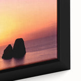 Extra large framed canvas depicting a textured, colorful scene of Capri, Italy, ideal for living room decor.