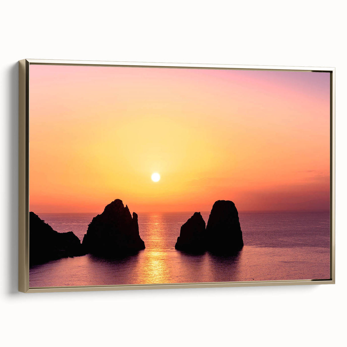 Framed canvas depicting a vintage-style landscape of Capri, Italy in muted gold and black tones, ideal for bedroom wall art.