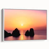 Vintage poster art of Capri, Italy, with colorful imagery on extra-large framed canvas, ideal for living room decor.