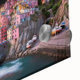 Acrylic print of Cinque Terre with vibrant colors in a mid-century modernist style, ideal for dining room art.