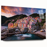 Acrylic print of Cinque Terre with vibrant coastal colors, ideal for bedroom or dining room art.