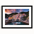 Extra large framed wall art depicting an abstract Cinque Terre scenery in vibrant, colorful hues on textured canvas.