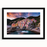 Extra large framed wall art depicting an abstract Cinque Terre scenery in vibrant, colorful hues on textured canvas.