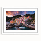 Textured art print of Cinque Terre with abstract elements in muted colors, framed in white, ideal for bedroom art.