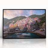 Large abstract wall art depicting Cinque Terre, Italy, in muted earth tones on a framed acrylic.