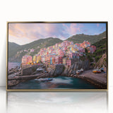 Framed acrylic print of Cinque Terre with vivid blue and pastel skies, ideal for modern art wall decor.