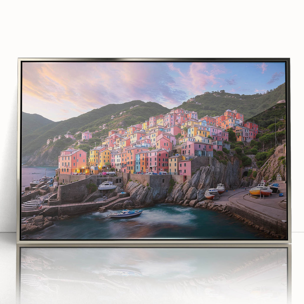 Framed acrylic print of Cinque Terre with vivid blue and green tones, ideal for modern art wall decor.