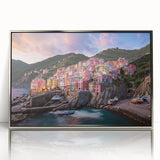 Framed acrylic print of Cinque Terre with vivid blue and green tones, ideal for modern art wall decor.
