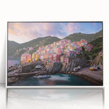 Framed acrylic print of Cinque Terre with vibrant coastal colors in a mid-century modernist style.