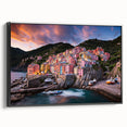 Black and white framed canvas of Cinque Terre landscape, ideal for bedroom wall art.