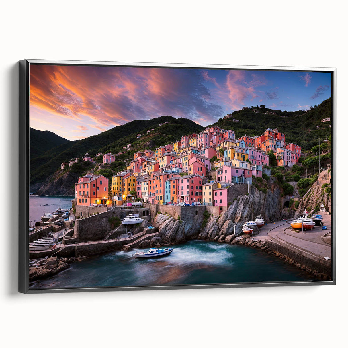Black and white framed canvas of Cinque Terre landscape, ideal for bedroom wall art.