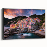 Black and white framed canvas of Cinque Terre landscape, ideal for bedroom wall art.