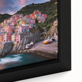 Extra large framed canvas of Cinque Terre with textured, colorful art on a black background, ideal for living room decor.