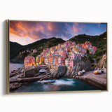 Framed canvas of a vintage-style Cinque Terre landscape in muted gold and black tones, suitable for bedroom wall art.
